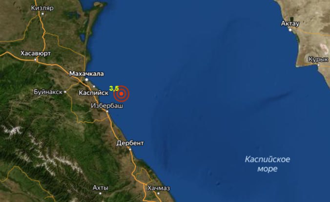 Землетрясение магнитудой 3,5 зафиксировали утром 16 сентября в акватории Каспийского моря