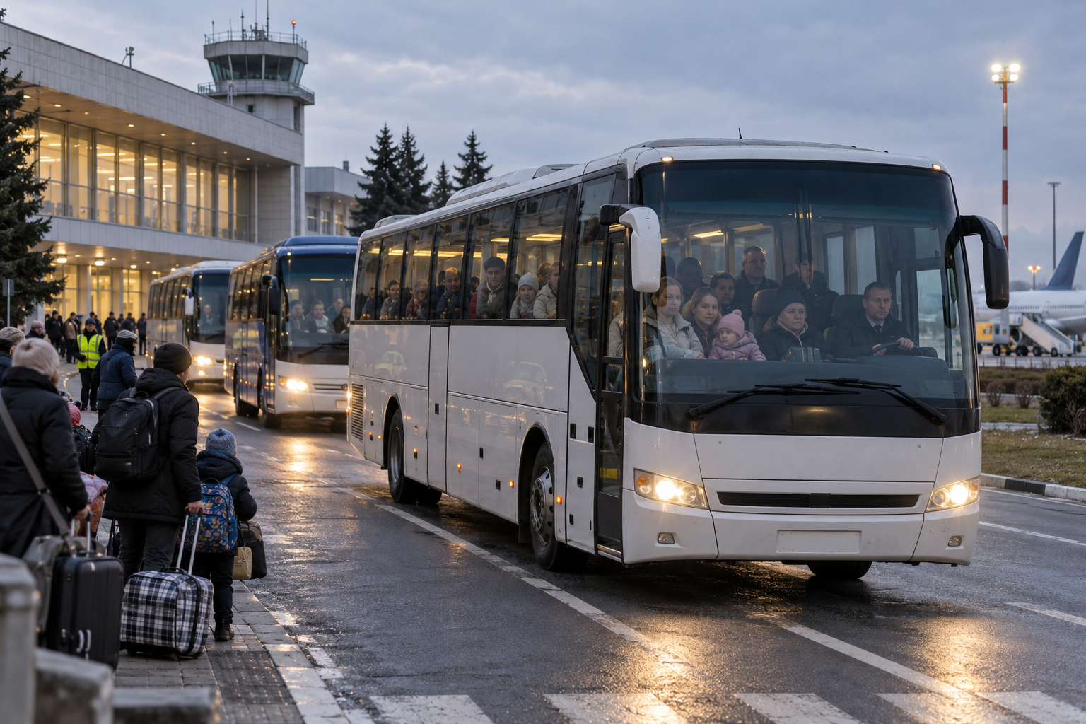 Автобусы с жителями Алешек выехали из аэропорта Гомеля